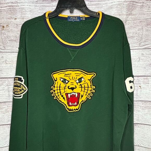 Ralph Lauren Polo Varsity Green Tiger Patch Pullover Crew Neck Sweatshirt XL - Picture 3 of 10